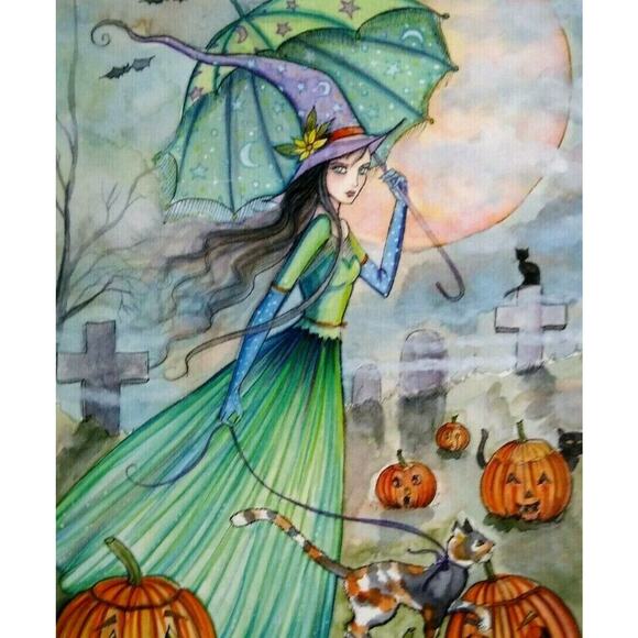 Halloween Postcard Molly Harrison Green Dress Witch Cat Fantasy 2005 Ltd. To 33 - Picture 1 of 4